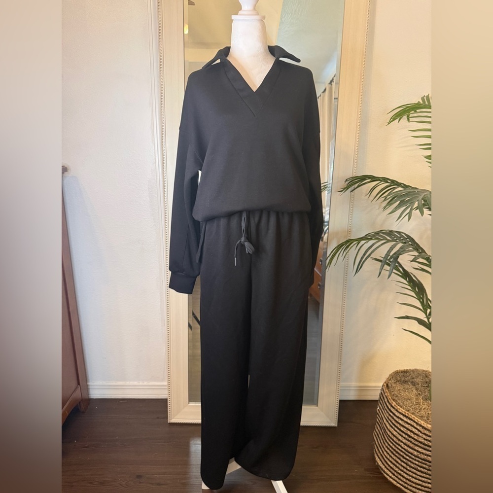 Black V-Neck Top and Drawstring Pants Set